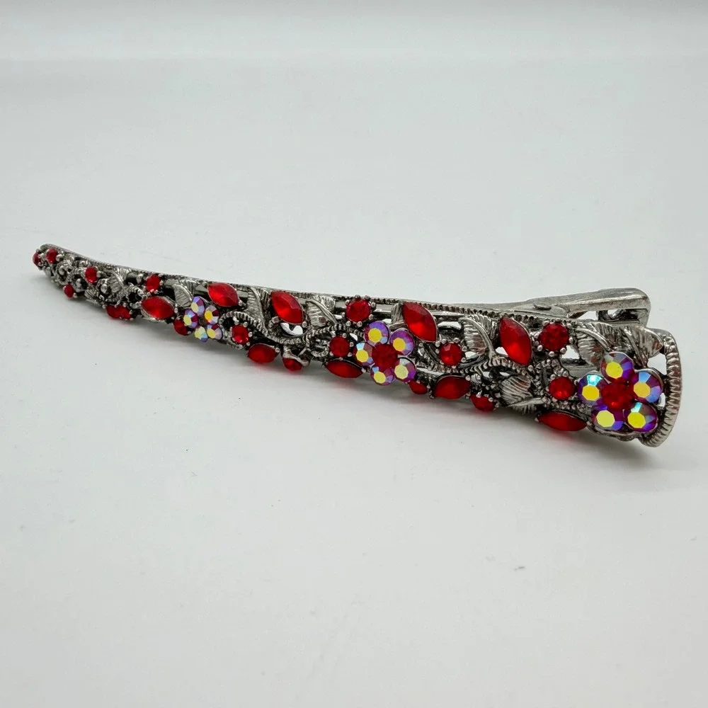 Vintage Red Crystal Rhinestone Hair Barrette Silver Floral AB‎ Glam Clip
